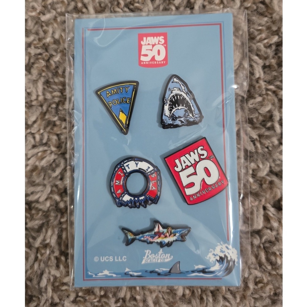 Boston Scally JAWS 50th Anniversary Collectible Enamel 5 Pin Set - Brand New